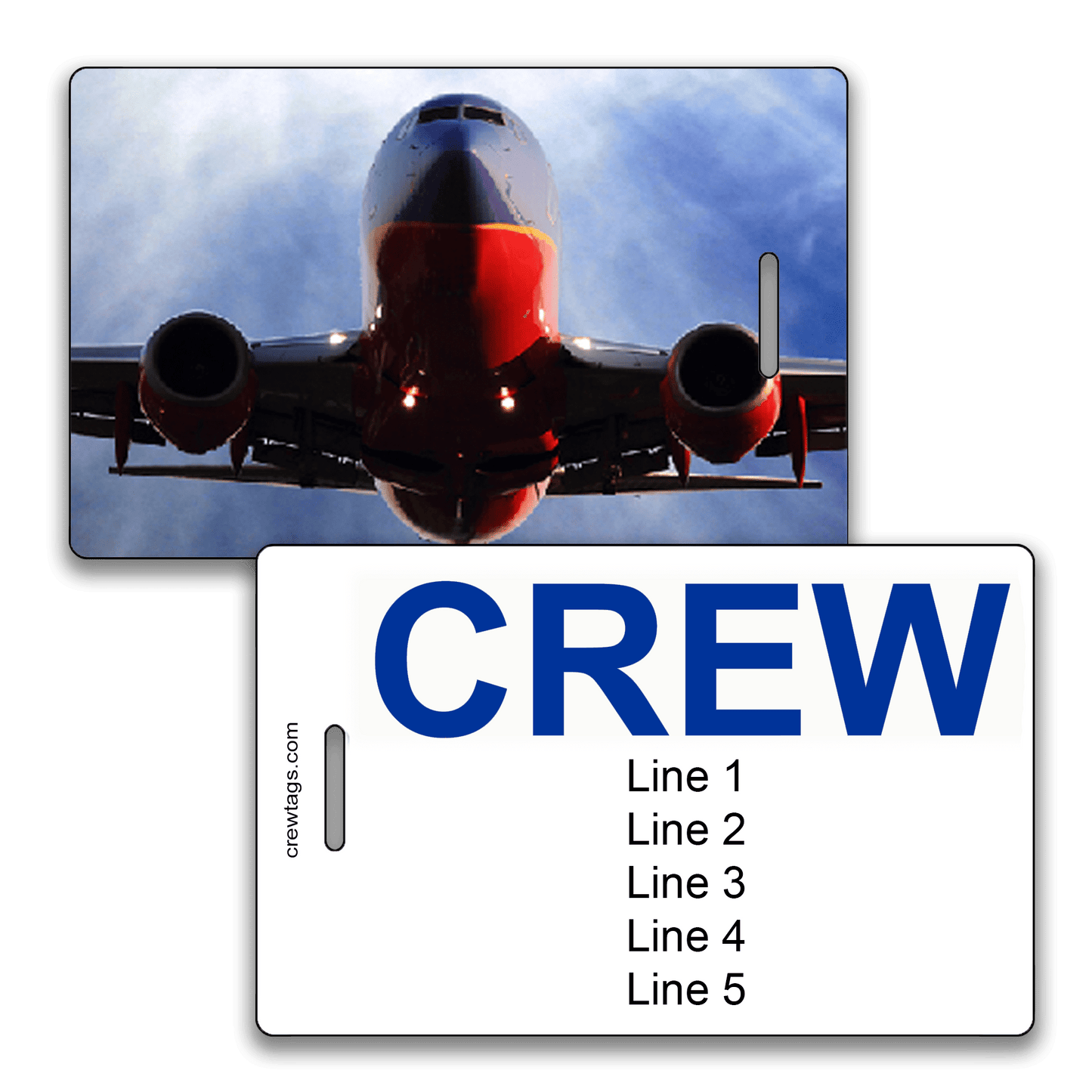 Southwest Airlines crew tag with bold blue “CREW” text and head-on 737 image.