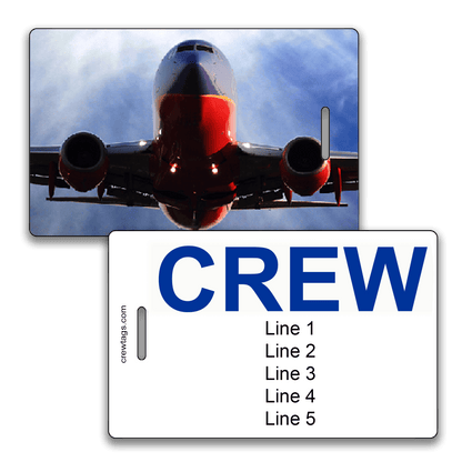 Southwest Airlines crew tag with bold blue “CREW” text and head-on 737 image.