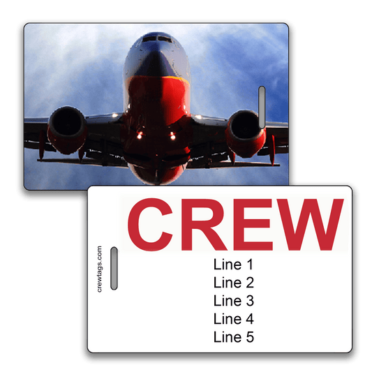 Custom crew tag with a dramatic head-on view of a Southwest 737 aircraft and bold red “CREW” label with five customizable lines.