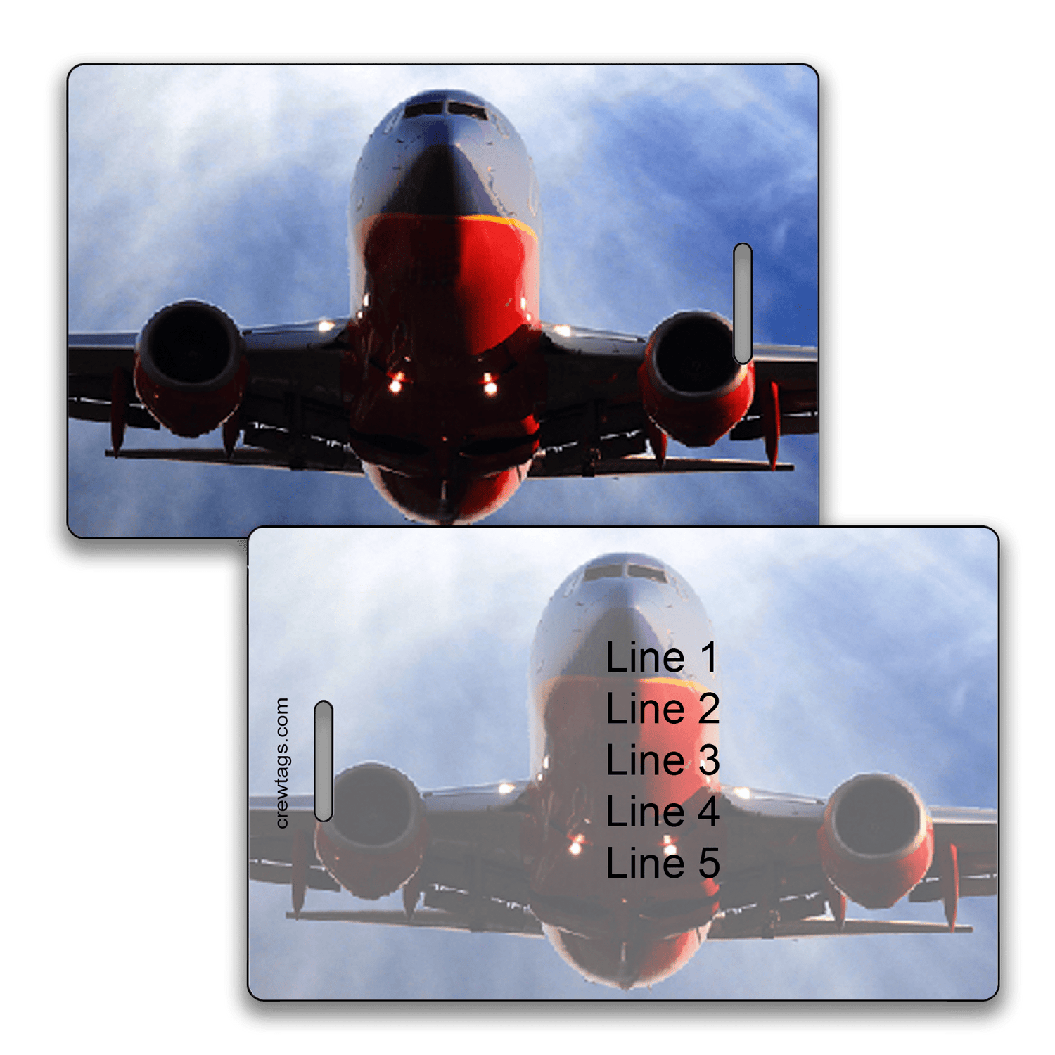 Head-on view of a Southwest 737 jet ascending against blue sky on custom luggage tag; back shows five editable info lines.